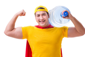 Man delivering water bottle isolated on white