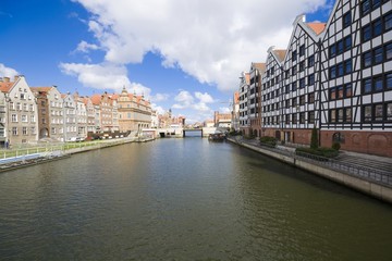 Long Embankment and Motlawa River in the Old Town of Gdansk, Poland. Granary Island on the right.
