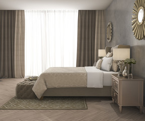 3d rendering classic luxury bedroom with pouf and curtain
