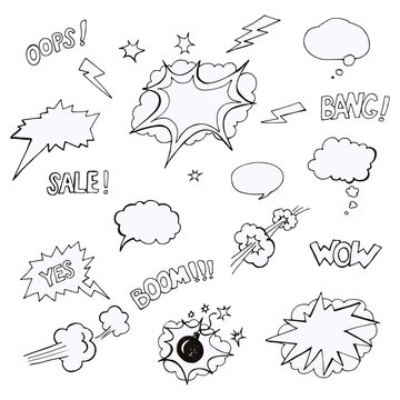 Set of hand-drawn comic elements and words: oops, Sale, Bang, Wow, Yes, Boom