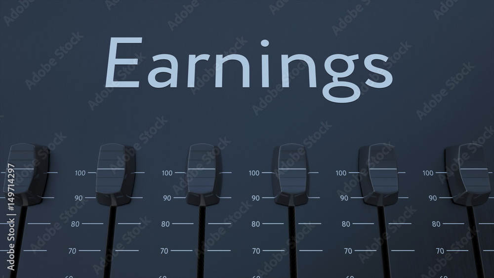 Poster multiple sliding faders on a panel with earnings inscription. conceptual 3d rendering
