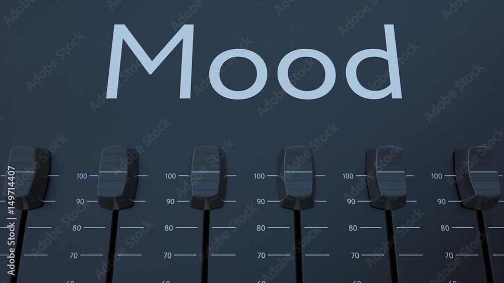 Aufkleber multiple sliding faders on a panel with mood inscription. conceptual 3d rendering