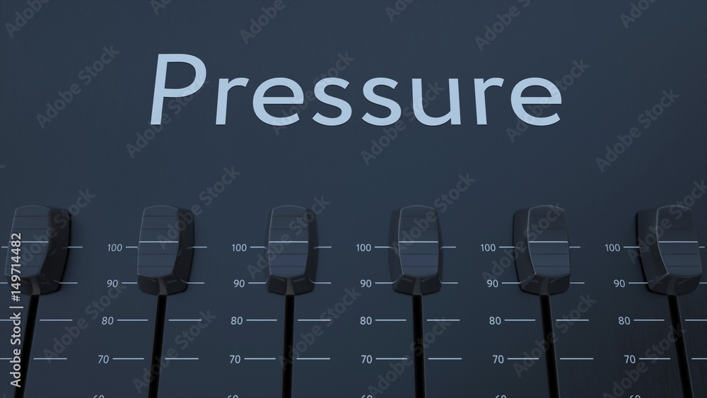 Poster multiple sliding faders on a panel with pressure inscription. conceptual 3d rendering