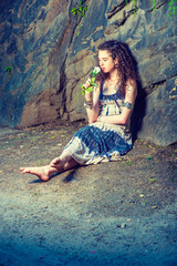 Young American Woman missing you with white rose in New York