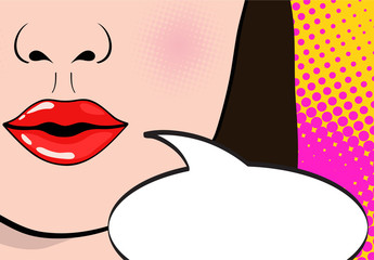 Closeup of sexy open female mouth with pink lipstick screaming announcement and empty speech bubble. Vector bright background in comic retro pop art style