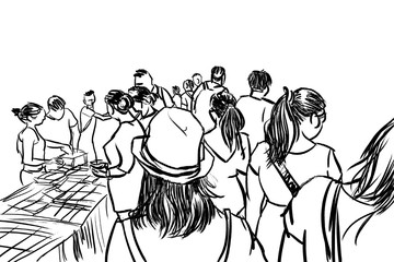 people walking in urban scene cartoon sketch