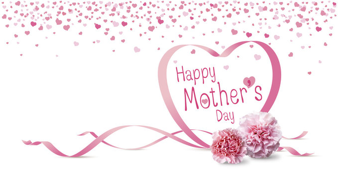 Happy women's day concept of pink carnation flowers and heart ribbon on white background