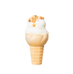 Coconut ice cream cone topped with roasted peanuts isolated on white background (clipping path included)