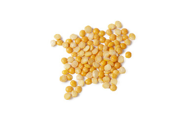 Dry yellow split peas isolated on white.
