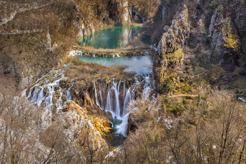 Detailed view of the beautiful waterfalls in the sunshine in Plitvice National Park, Croatia