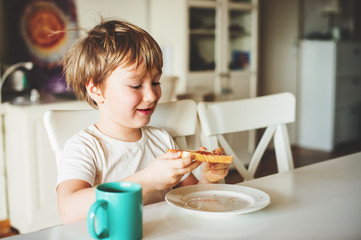 Cute little boy eating his toast with jam and hot chocolate for breakfast
