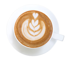 Top view of hot coffee cappuccino latte art isolated on white background, clipping path included