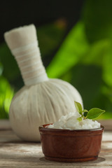 close up view of  white Herbal Compress on color back. 