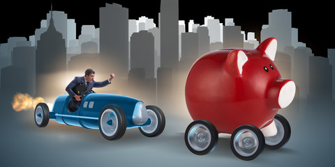 Man chasing piggybank in business concept