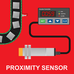 PLC proximity sensor and conveyor - obrazy, fototapety, plakaty