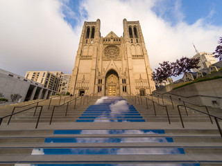 Entrance steps up to Grace Catholic Cathedral in San Francisco, California