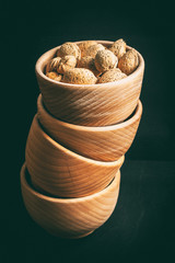 Almonds in a wooden bowl.