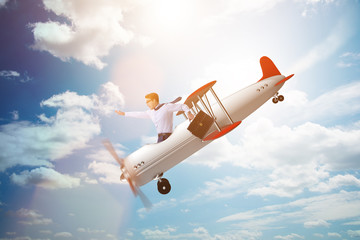 Naklejka na ściany i meble Businessman flying on vintage old airplane