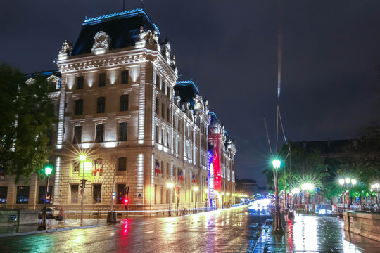 The Palace Of The Prefecture Of Police At Night, Paris , France.