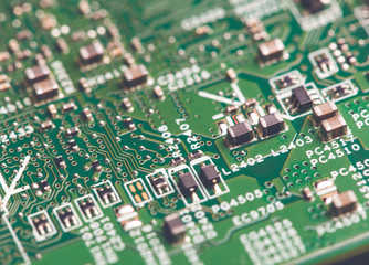 Close up of electronic components on the motherboard, microprocessor chip