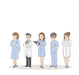 Hospital medical staff Team doctors together. Group of doctors and nurses people character set. vector illustration