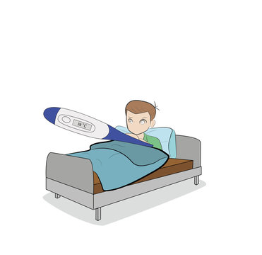 Man lies in bed with a thermometer. vector illustration.