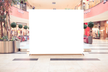 Mock up. Blank billboard, advertising stand in modern shopping mall.