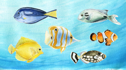 Peces tropicales en acuarela