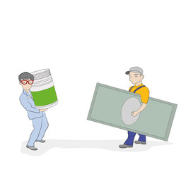 Sketch of little men. The patient pays for treatment to the doctor. Hand drawn cartoon vector illustration for medical design and infographics.