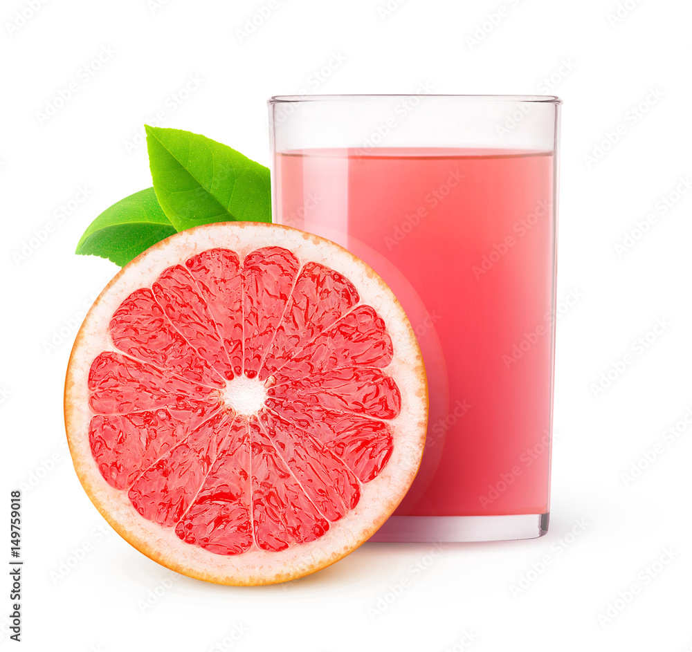 Aufkleber Isolated drink. Glass of pink grapefruit juice and one slice of fruit isolated on white background with clipping path