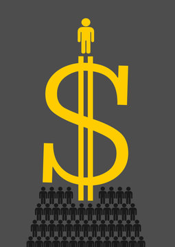 Social pyramid as capitalist exploitation - poor class of slaves and servants produce profit for wealthy and rich boss with dollars. Unequal relation between employer and employee / director and labor