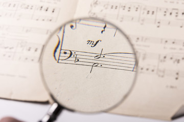 Fototapeta premium View through a magnifying glass of the notes in a music score