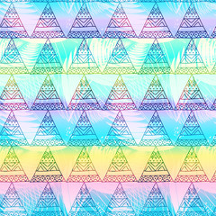 Seamless pattern with ornate triangles and palm leaves