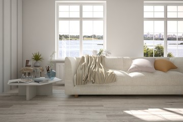 White room with sofa and urban landscape in window. Scandinavian interior design. 3D illustration