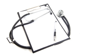 Stethoscope clipboard and pen on white background