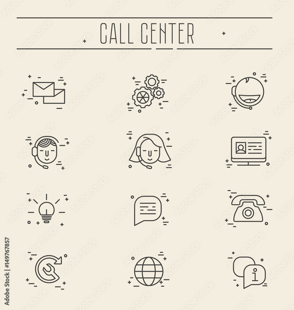 Poster support service icons set - vector thin line call center symbols or customer service logo elements. 