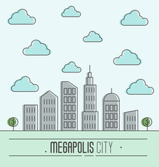 Obraz premium Buildings silhouette cityscape. Megapolis city in flat style. Blue sky with clouds. Vector illustration