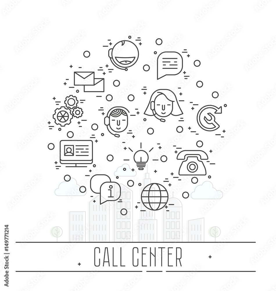 Poster support service icons set - vector thin line call center symbols or customer service logo elements. 