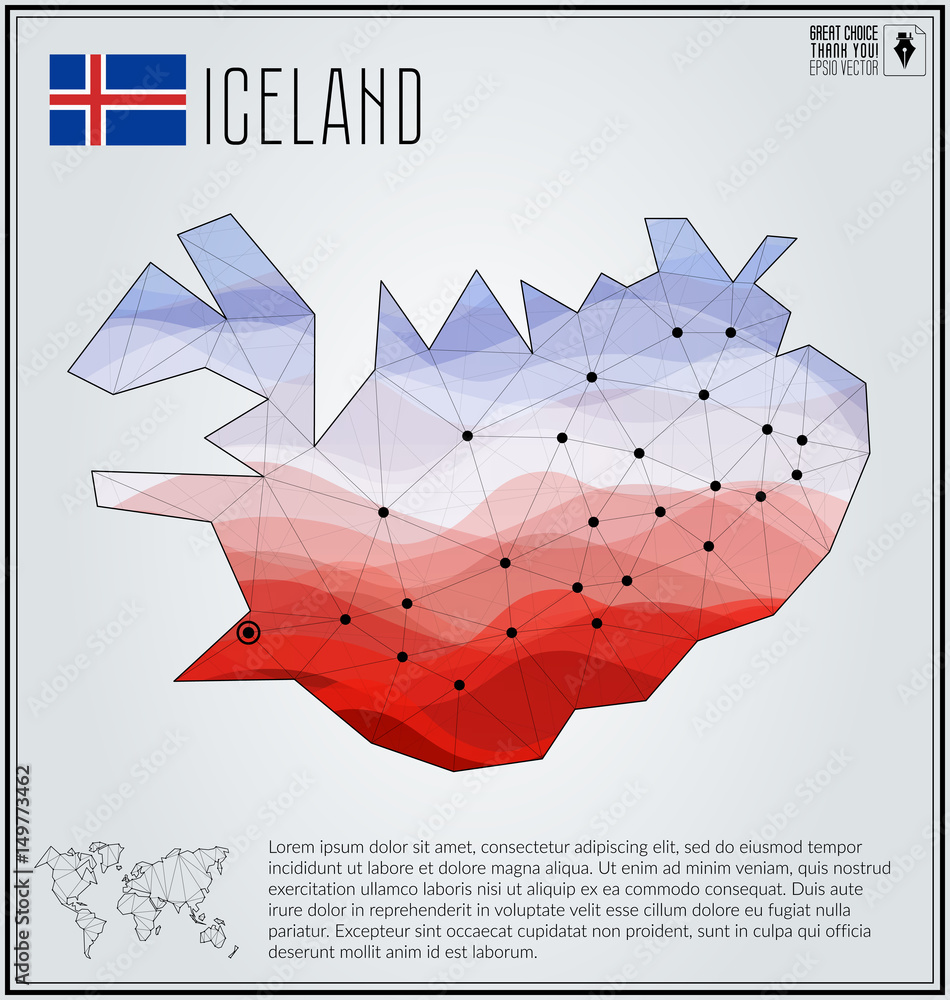 Poster polygonal map of iceland with gradient inside and map of the world. vector illustration.