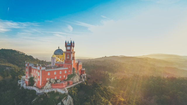 Aerial panorama of colorful Palacio da pena castle,Pena National Palace,Sintra, Lisbon, Portugal, Europe.Royal castle.UNESCO World Heritage Site and Wonder of Portugal.Travel Europe,European places