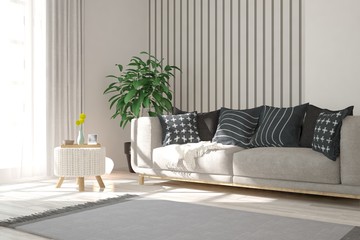 White modern room with sofa. Scandinavian interior design. 3D illustration