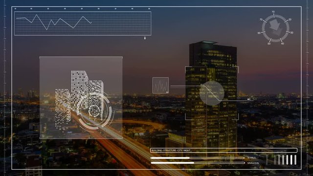 Seamless animation of construction computer hologram analysis of skyscraper building in city night cityscape in engineering technology or scanning concept in 4k loop.