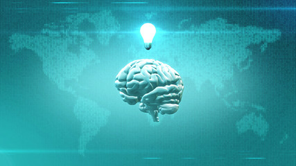 Obraz premium Brain with light bulb in front of digital Earth backdrop