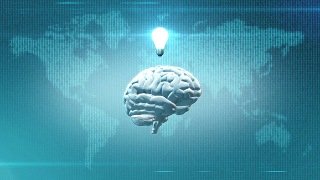 Lightbulb and brain in front of digital world backdrop