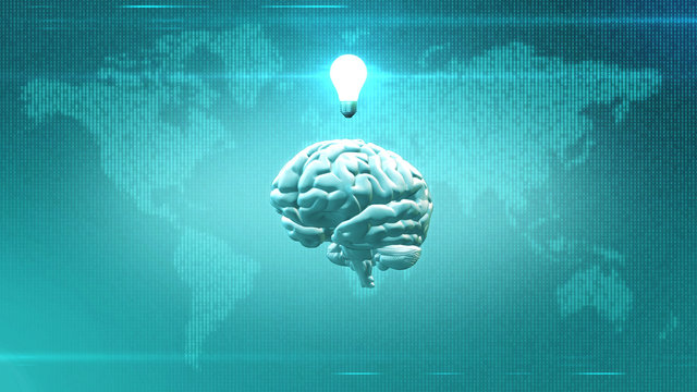 Brain with light bulb in front of digital Earth backdrop