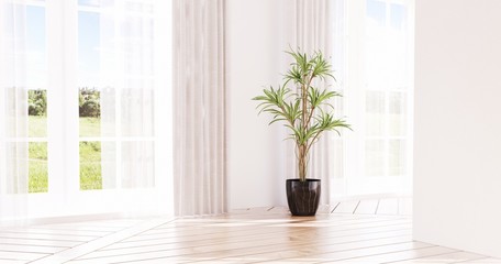 White empty room with green landscape in window. Scandinavian interior design. 3D illustration