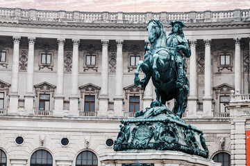 Fototapeta na wymiar Equestrian statue of Prince Eugene of Savoy in front of Hofburg palace, One of the greatest generals of the Roman Empire