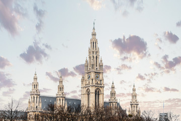 Gothic Vienna building landmark Town Hall Tower or in german: Wiener Rathaus at early spring.