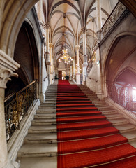 Staircase of Vienna City Town Hall or Rathaus, panoramic indoors view of the landmark