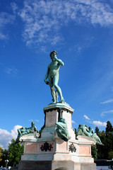 Fototapeta na wymiar David Statue at Piazzale Michelangelo, built in 1869 and designed by architect Giuseppe Poggi on a hill just south of the historic center, on the left bank of the Arno river in Florence, Italy